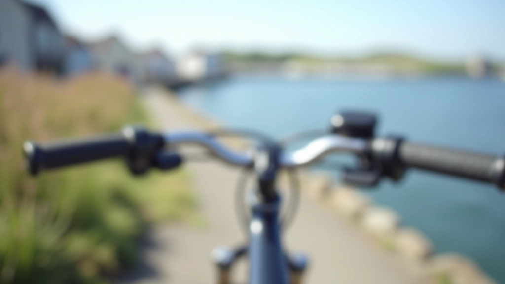 Close-up of bicycle gear and handlebars with blurred coastal scenery