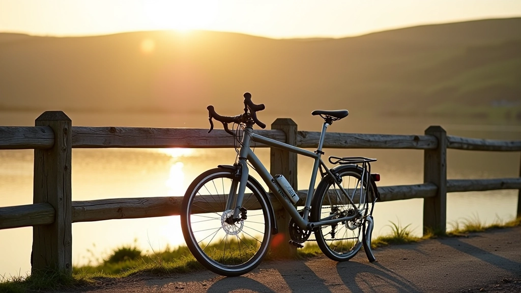 Bicycle leaning against a weathered wooden railing with estuary water view in background