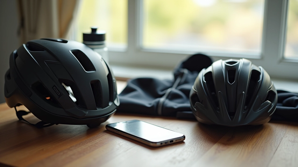 Cycling essentials laid out including helmet, water bottle, snacks, windproof jacket, and phone on wooden table