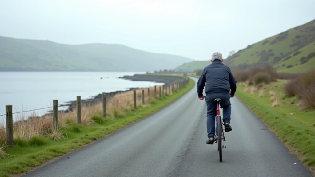 Paved cycling path alongside calm estuary water with distant hills and cloudy sky
