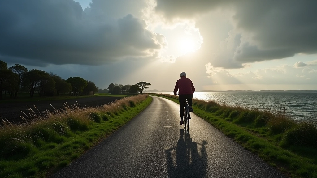 Storm clouds gathering over water with cycling path in foreground, dramatic lighting