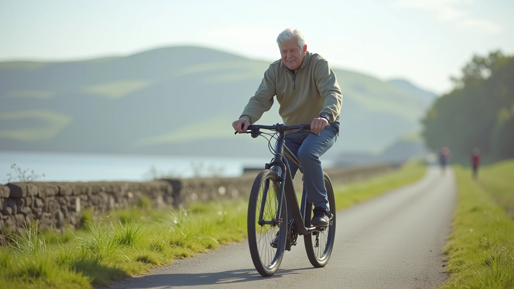 Cyclist on quiet estuary path enjoying peaceful ride through coastal area