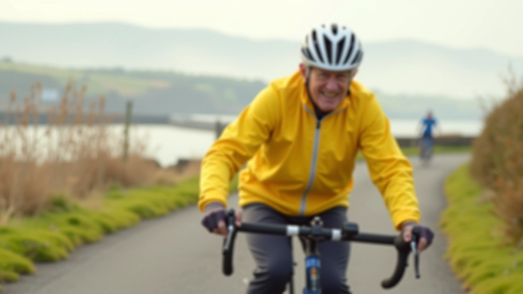 Cyclist riding on paved path with water view in background, morning light