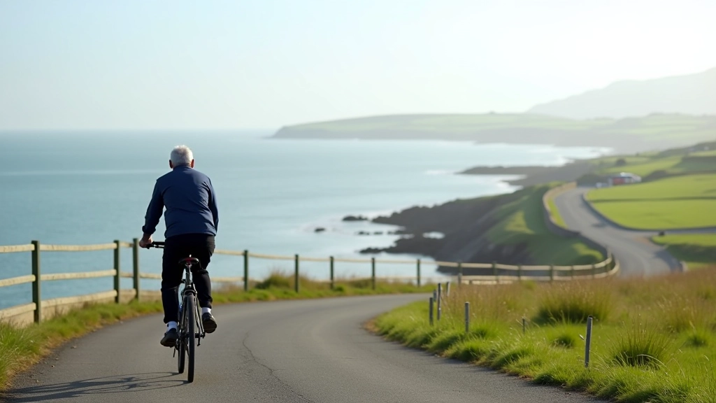 Elevated coastal viewpoint with panoramic view of estuary, grassy overlook area, and cycling path
