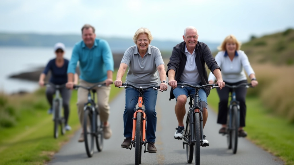 Diverse group of active pensioners cycling together on the estuary path, enjoying the outdoor experience