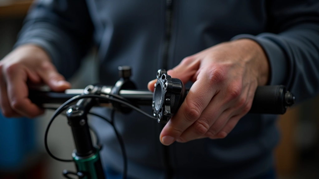 Hands performing detailed inspection of bicycle brake components and cable housings, maintenance work in progress