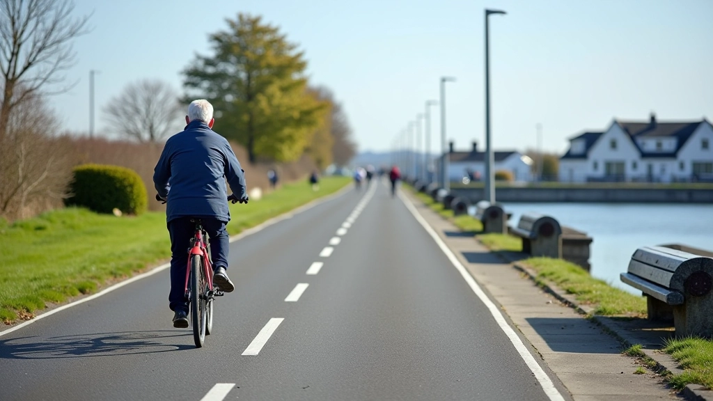 Waterfront promenade with cycling path markings and benches overlooking the estuary