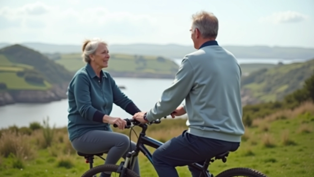 Cyclist resting at a scenic coastal viewpoint with water visible in the background and informational placard