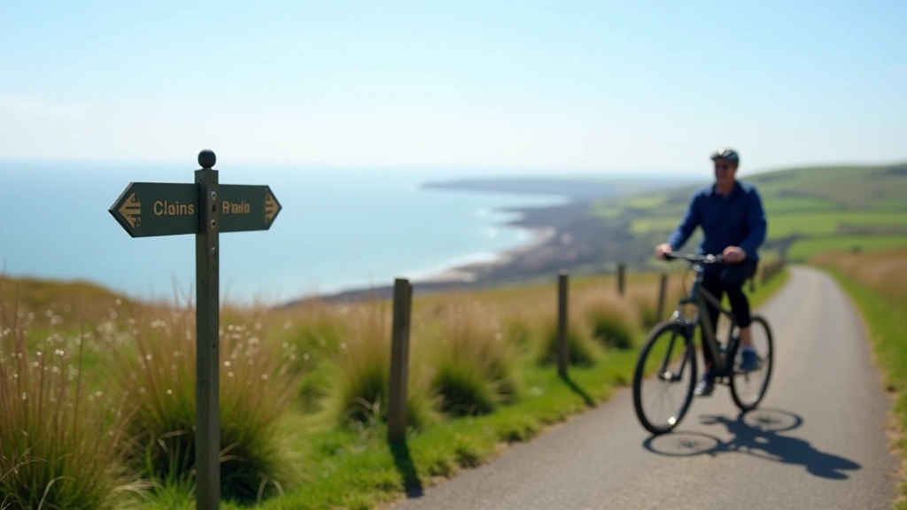 Scenic viewpoint along coastal path with informational sign and cycling route markers