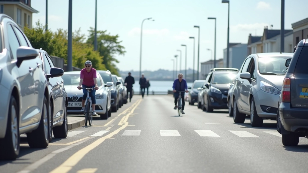 Waterfront path with cyclists and pedestrians walking, cars parked nearby, bright daylight