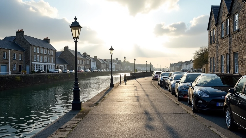 Waterfront quayside with historic stone buildings, parked cars, and cycling path entrance visible