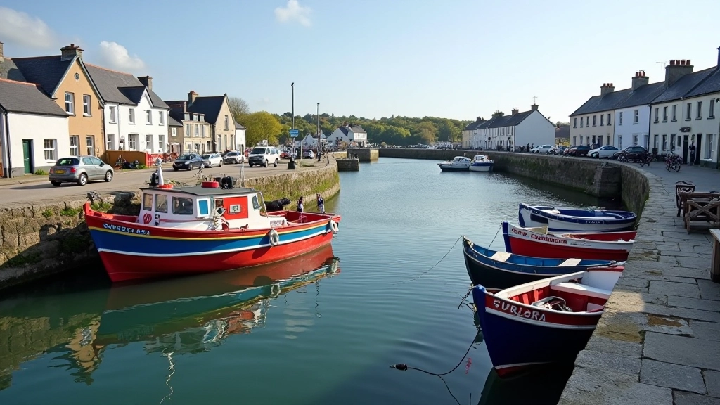 Dunmore East fishing harbor with colorful fishing boats, stone quay, and village buildings